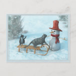Deux chats et une carte postale de Snowman<br><div class="desc">Une image à l'atmosphère d'antan. Également disponible en tant que carte de voeux.</div>