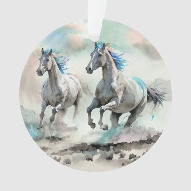 Deux chevaux sauvages en course à l'aquarelle (devant)