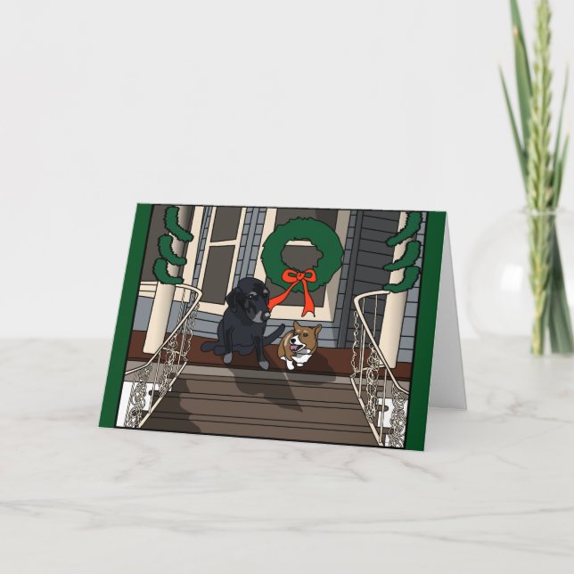 Deux chiens sur le porche, carte de Noël (Devant)