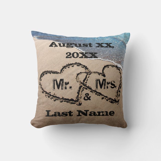 Deux Coeurs Dans Le Sable M. & Mme Mariage Coussin (Recto)