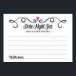 Deux Coeurs Date Jar Idées Mariage Cartes<br><div class="desc">Ces cartes jar de date élégantes seront l'ajout parfait à votre réception de mariage ou douche nuptiale. Le design comporte une bordure noire tourbillonnant avec un coeur prune violet au-dessus. Le texte à l'intérieur est "Date Jar" dans une police de script noir amusant et "partager votre meilleure idée de date"...</div>