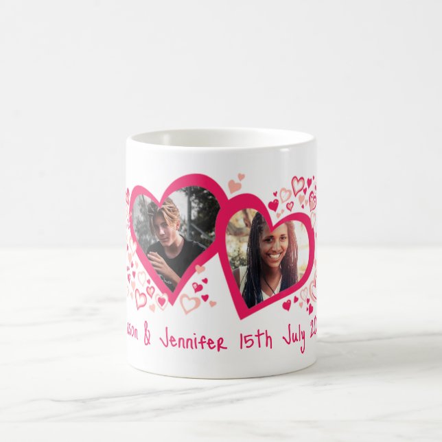 Deux coeurs nom date mariage photo rose rouge mug (Centre)