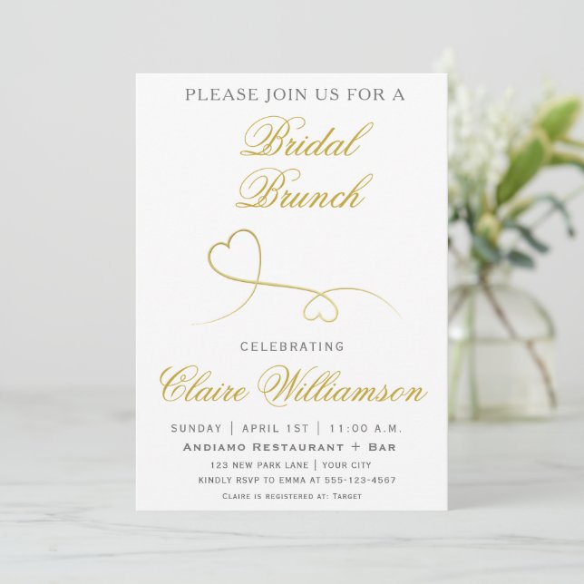 Deux Coeurs Or Élégants | Invitation de Brunch nup (Debout devant)