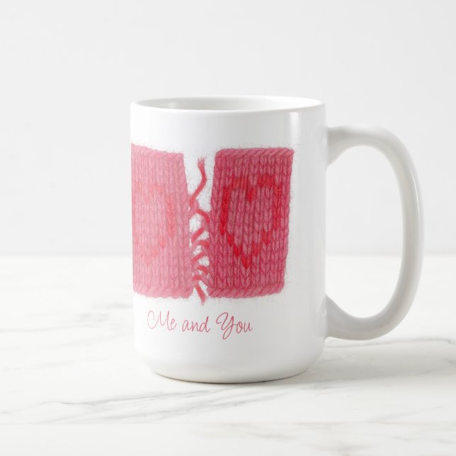 DEUX CŒURS TRICOTÉS Grande Tasse Blanche + Texte (Droite)