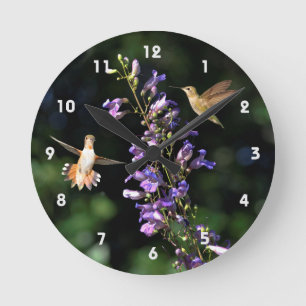Deux Colibris En Vol Avec Horloge Murale Fleurie
