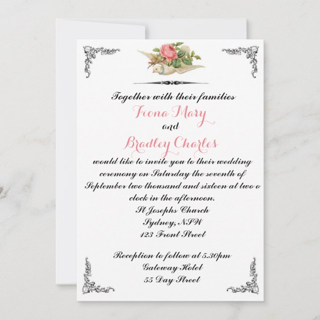 Deux colombes Faire-part de mariage Vintage (Devant)