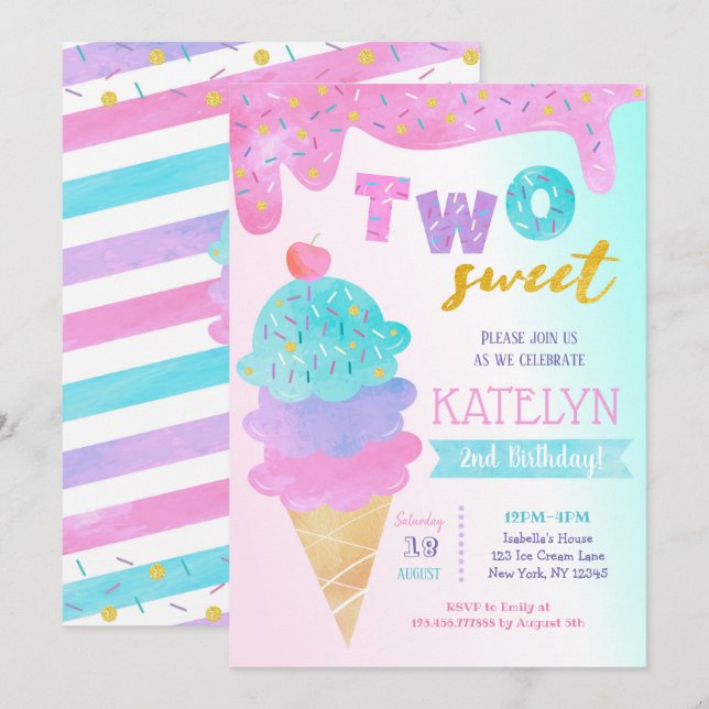 Deux crème glacée douce Invitation de fête d'anniv (Devant / Derrière)