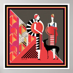 Deux dames avec un chien Poster Art Déco 12 x 12