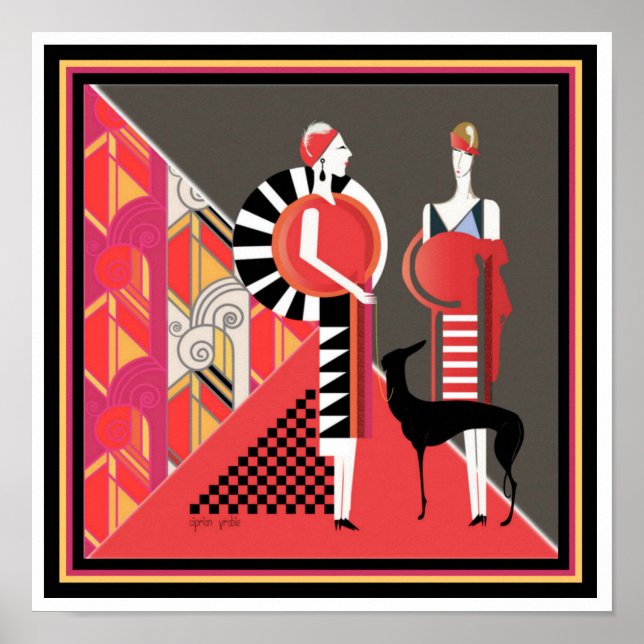 Deux dames avec un chien Poster Art Déco 12 x 12 (Devant)