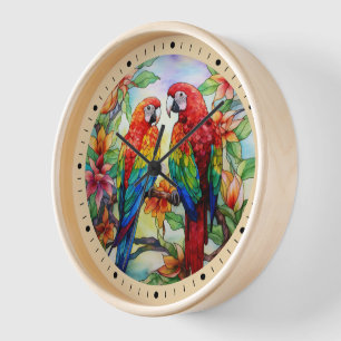 Deux De. Horloge de perroquets en verre tendu