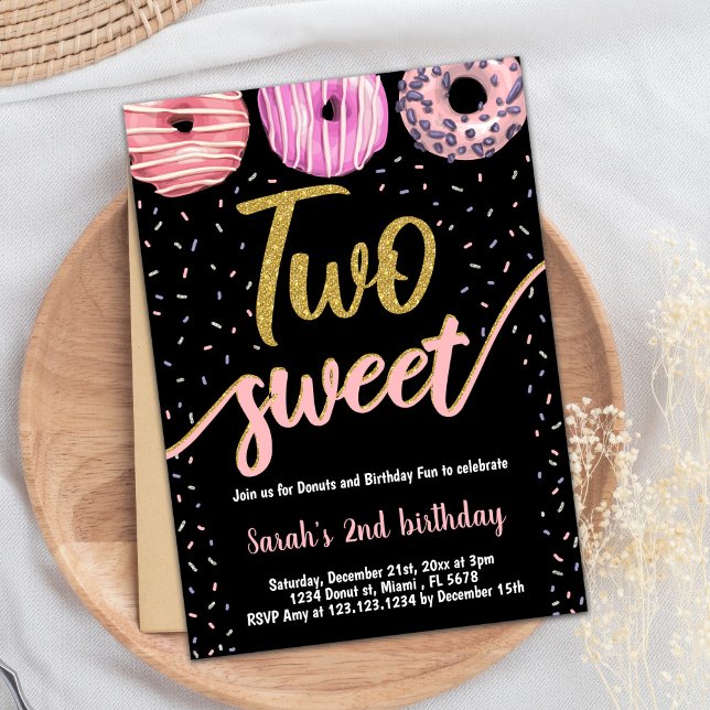 Deux douces noix d'or Donut Invitations d'annivers (Two Sweet Gold Black Donut Birthday Invitations)