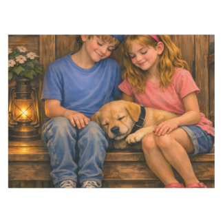 Deux Enfants avec Chiot Endormi Nappe Rustique