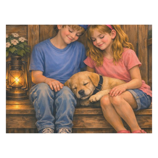 Deux Enfants avec Chiot Endormi Nappe Rustique (Devant (Horizontal))