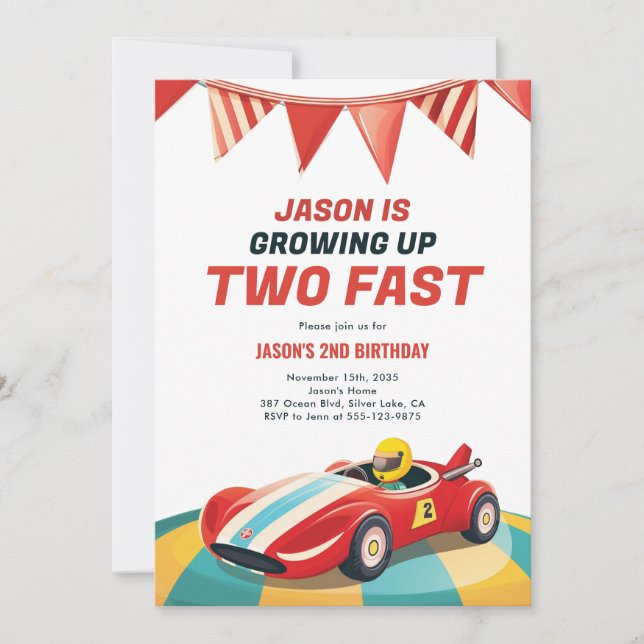 Deux Fast Race Car 2e Invitation Anniversaire (Devant)