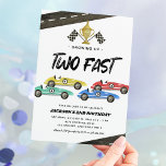 Deux Fast Race Car 2e Invitation Anniversaire<br><div class="desc">Des garçons qui courent des invitations de 2e anniversaire avec un simple arrière - plan blanc,  4 voitures de course aquarelle,  routes,  drapeaux à damiers,  un trophée,  et un modèle de célébration anniversaire de enfant qui est facile à customiser.</div>