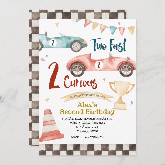 Deux Fast Two Curious Retro Racing Invitation (Devant / Derrière)
