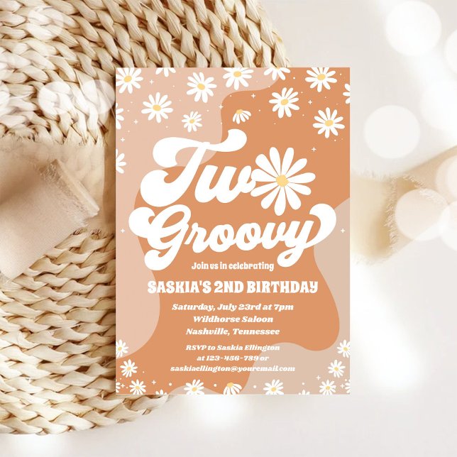 Deux Groovy Retro Daisy Invitation 2ème Anniversai (Créateur téléchargé)