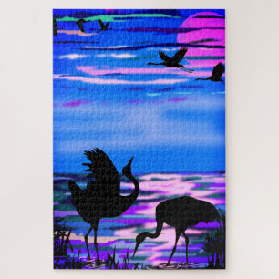 Deux Grues Bird Au Lac Sunset Jigsaw Puzzle Puzzle