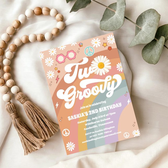 Deux Invitation Groovy Rétro Daisy 2ème Anniversai (Créateur téléchargé)