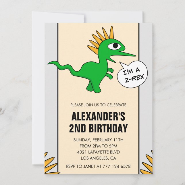 Deux invitations d'anniversaire de dinosaure garço (Devant)