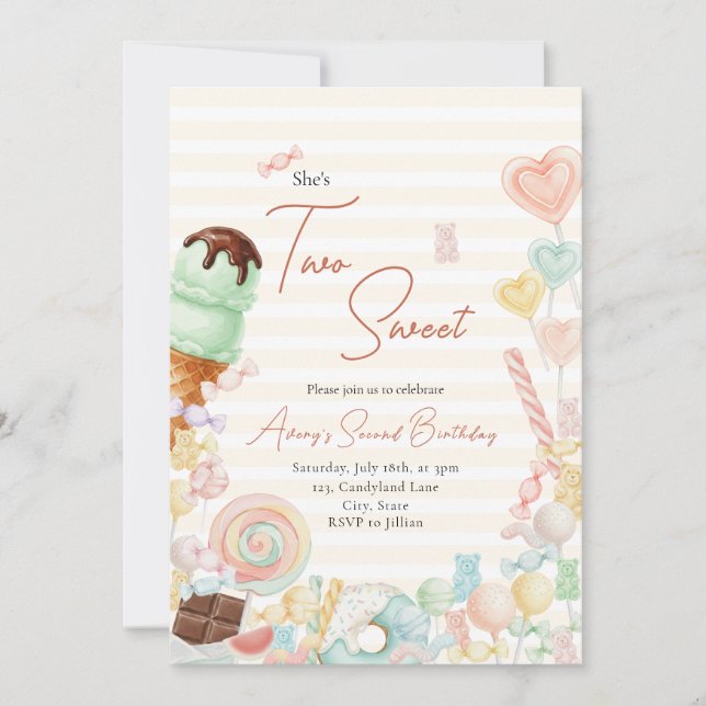 Deux Invitations D'anniversaire Douces Rayure Jaun (Devant)