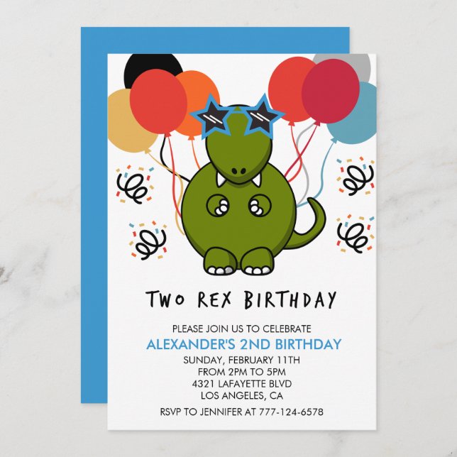 Deux invitations d'anniversaire rex Cute Funny din (Devant / Derrière)