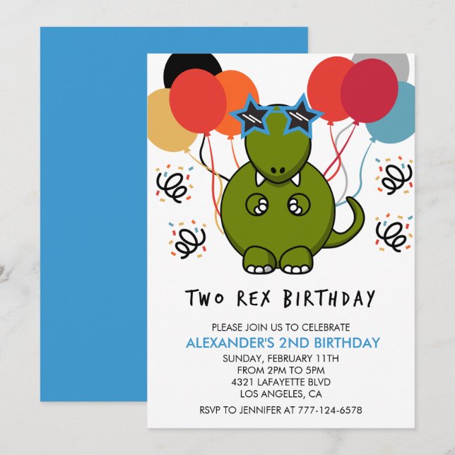 Deux invitations d'anniversaire rex Mignon dino dr (Devant / Derrière)