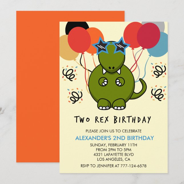 Deux invitations d'anniversaire rex Mignon dinomit (Devant / Derrière)