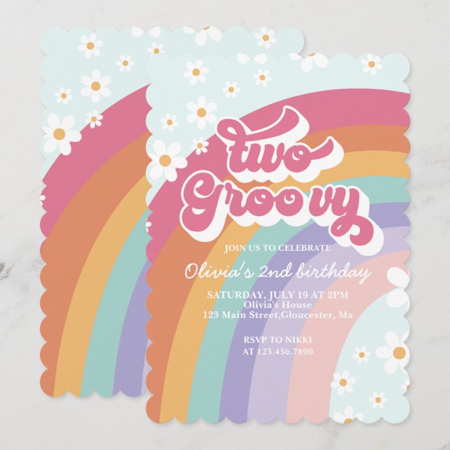 Deux invitations groovy rétro arc-en-ciel pour un  (Devant / Derrière)