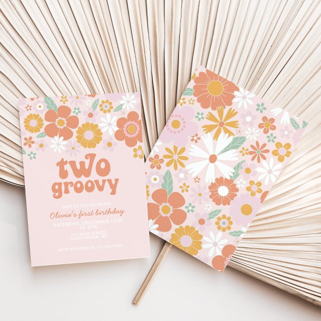Deux invitations rétro fleuries groovy pour un pre (Créateur téléchargé)
