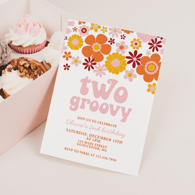 Deux invitations rétro funky florales pour un 2ème (Créateur téléchargé)