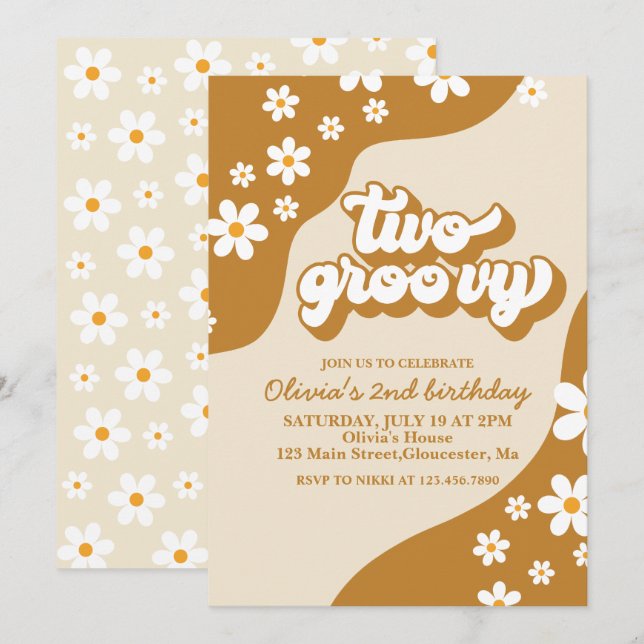 Deux invitations rétro groovy Daisy pour un 2ème a (Devant / Derrière)