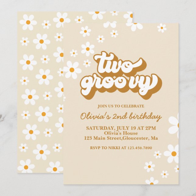 Deux invitations rétro groovy Daisy pour un 2ème a (Devant / Derrière)