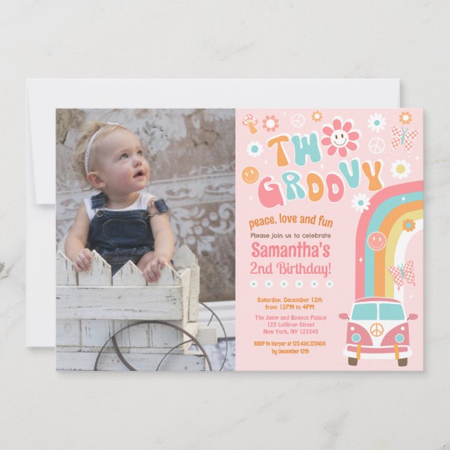Deux invitations Super Boho Retro 2e anniversaire (Devant)