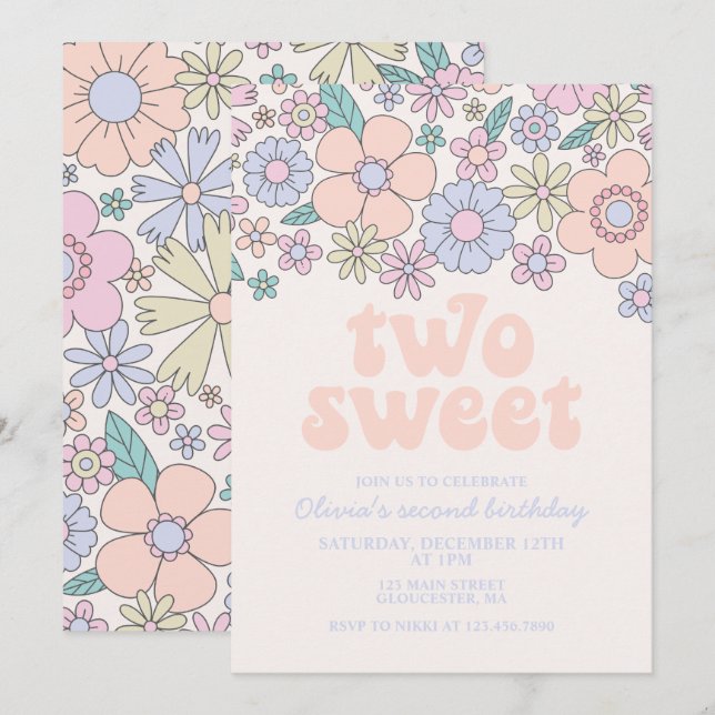 Deux jolies invitations rétro florales pour un 2èm (Devant / Derrière)