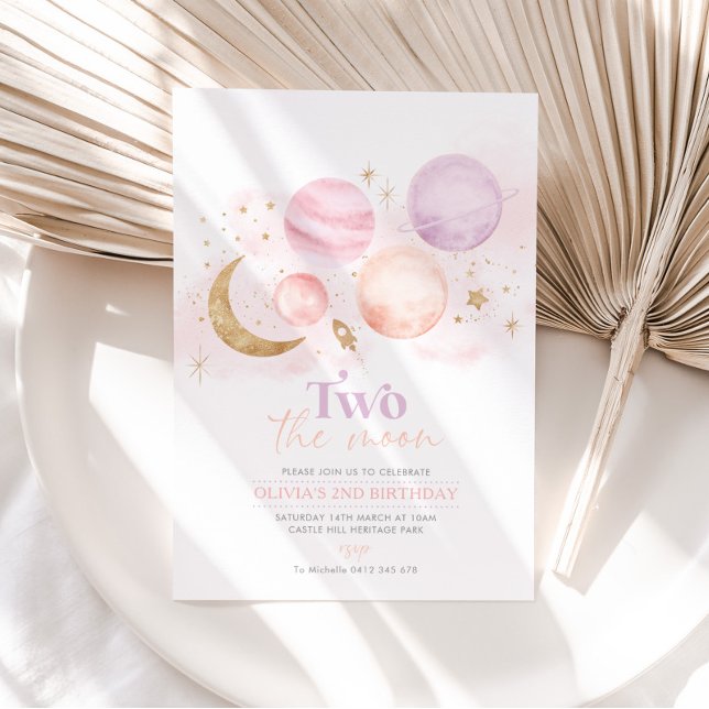 Deux La Lune 2e Anniversaire Invitation Girl Space (Créateur téléchargé)