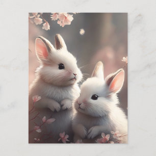 Deux lapins mignons avec carte postale de fleurs d