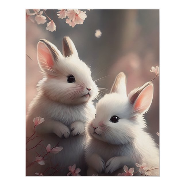Deux lapins mignons avec sakura Glossy Poster (Devant)