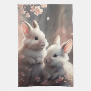 Deux lapins mignons avec sakura Serviettes de cuis