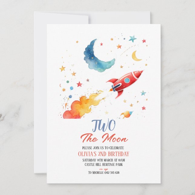 Deux Lune 2e Invitation Anniversaire Rocket & Star (Devant)