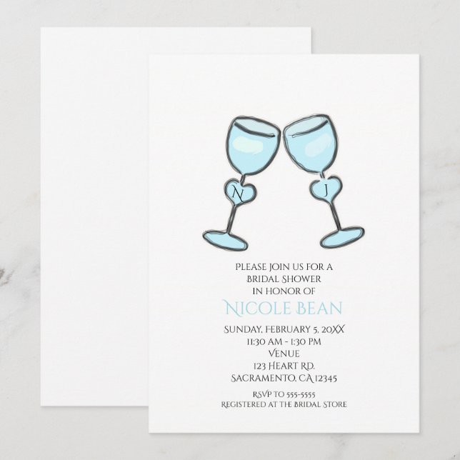 Deux Lunettes de vin de coeur Invitations de douch (Devant / Derrière)