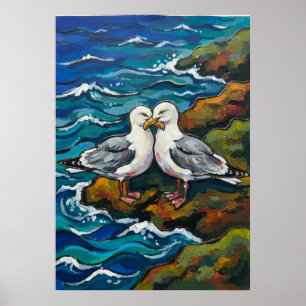 Deux mouettes au bord de la mer affiche d'oiseau d