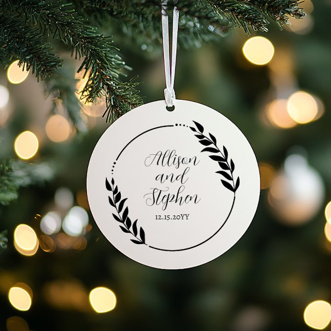 Deux noms de couronne | Mariage Date Photo Keepsak (Couple Wreath with Names Wedding Date Photo Keepsake Ornament)