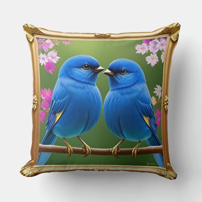 Deux oiseaux bleus jetant un oreiller Décoration d (Recto)