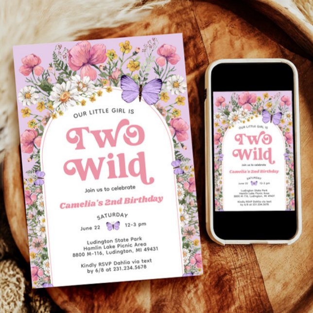 Deux papillons Fleurs sauvages sauvages Invitation (Two Wild Wildflower Butterfly Birthday Invitation)