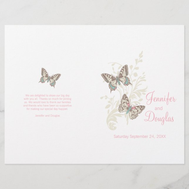 Deux papillons rose graphique programme de mariage (Devant)