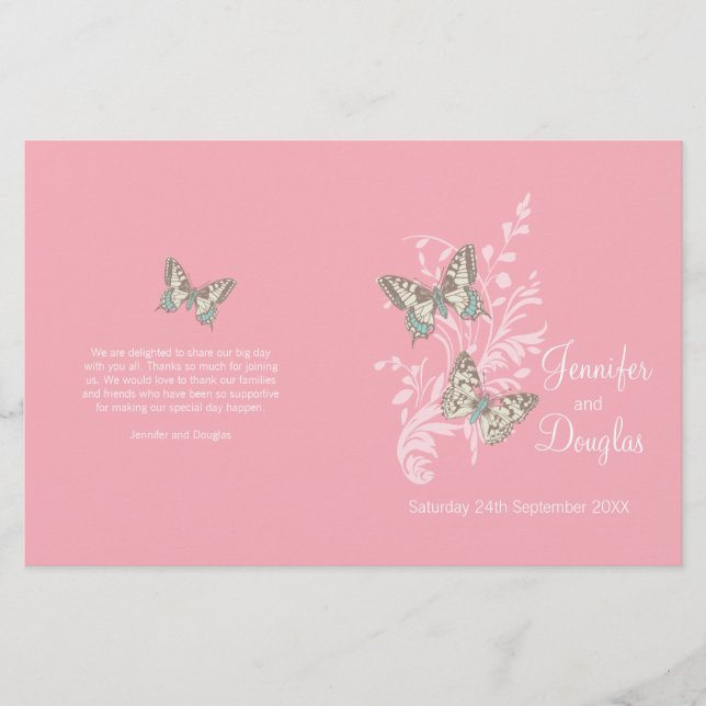 Deux papillons rose graphique programme de mariage (Devant)