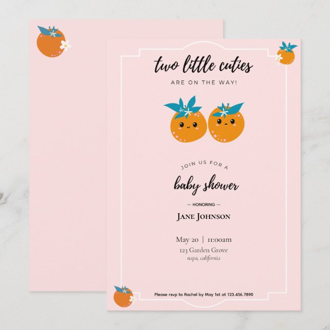 Deux petites cuties Twins Baby shower Invitation (Devant / Derrière)