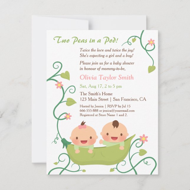 Deux petits pois dans une cosse Invitations pour u (Devant)