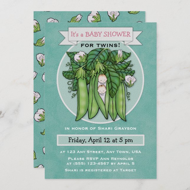 Deux petits pois doux Twins Baby shower Invitation (Devant / Derrière)